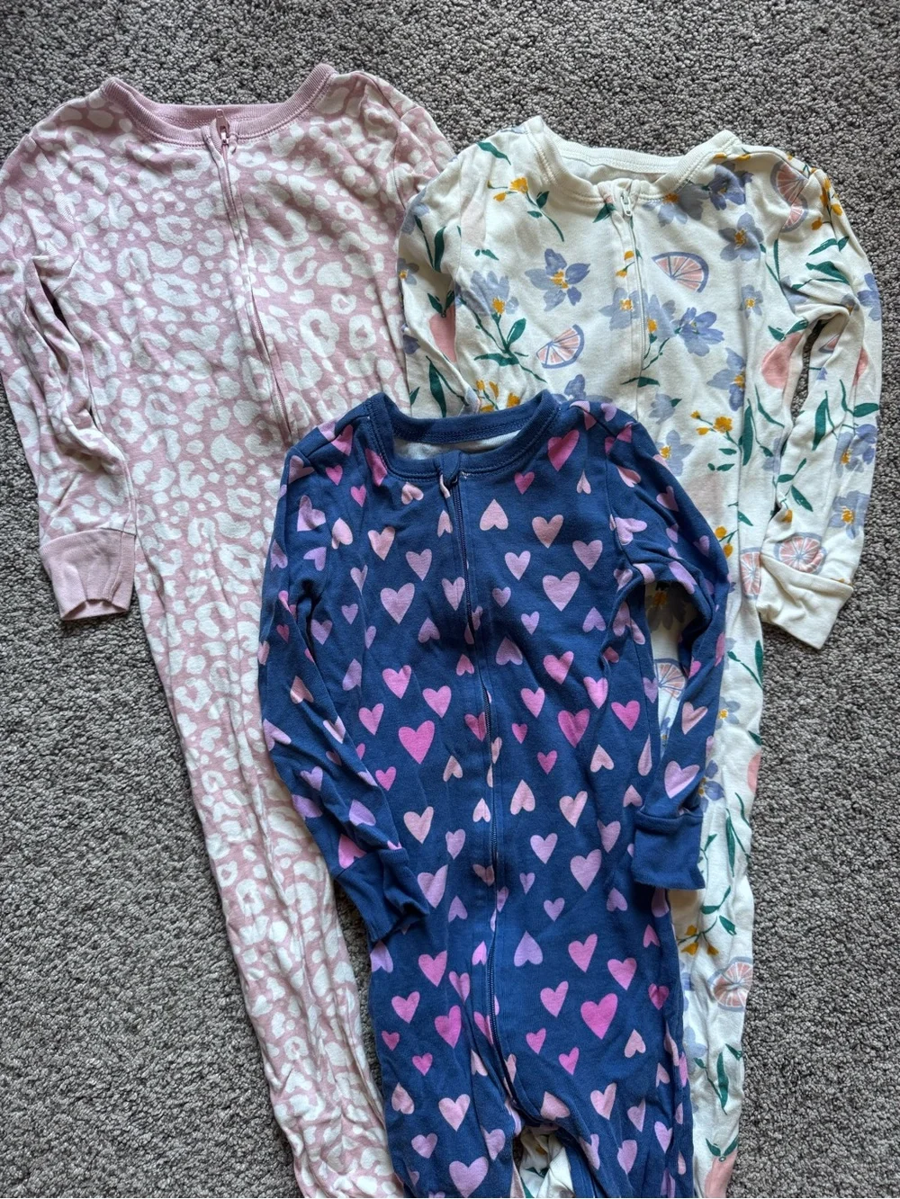 Old Navy Girls 3-Pack Heart, Leopard & Floral Zip Sleepers - Navy, Pink & Cream